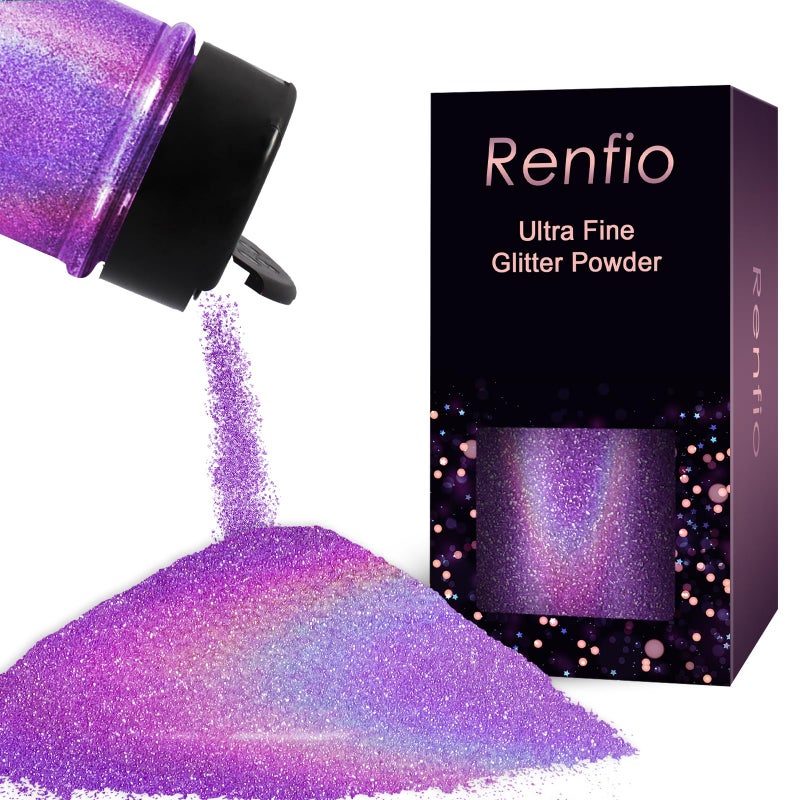 Renfio غبار ثلاثي الأبعاد من رينفيو، بريق أرجواني ثلاثي الأبعاد، بريق غبار ماسي 1/360 بوصة للحرف اليدوية، 1.94 أونصة/55 جم بريق ناعم للراتنج المصقول على قوالب الراتنج، كوب، سلايم، شمعة، ورود - أرجواني فاتح - Image 1